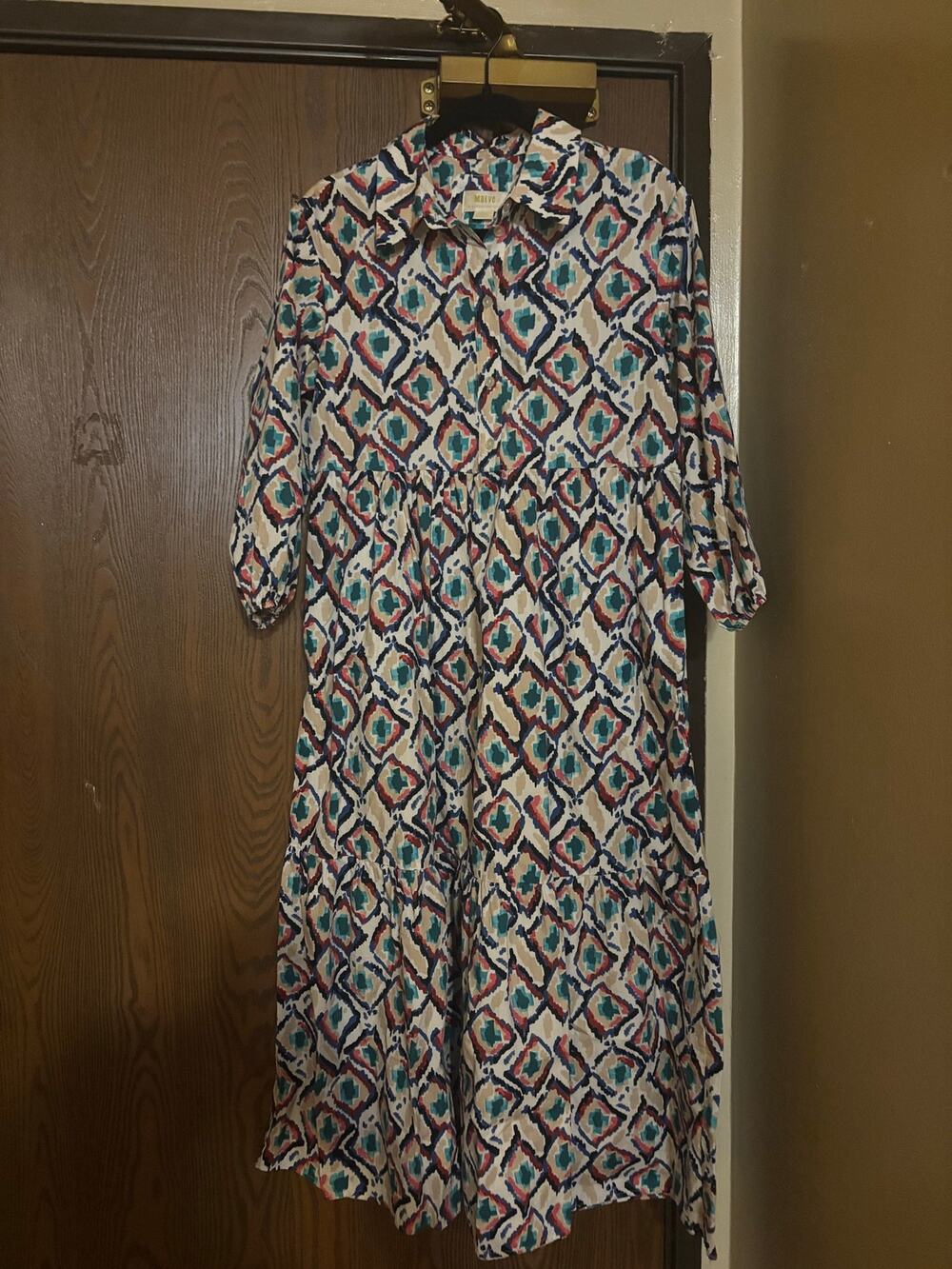 NWOT Maeve Anthropologie Boho Tribal Geometric Indie Short- Sleeve Maxi Dress
